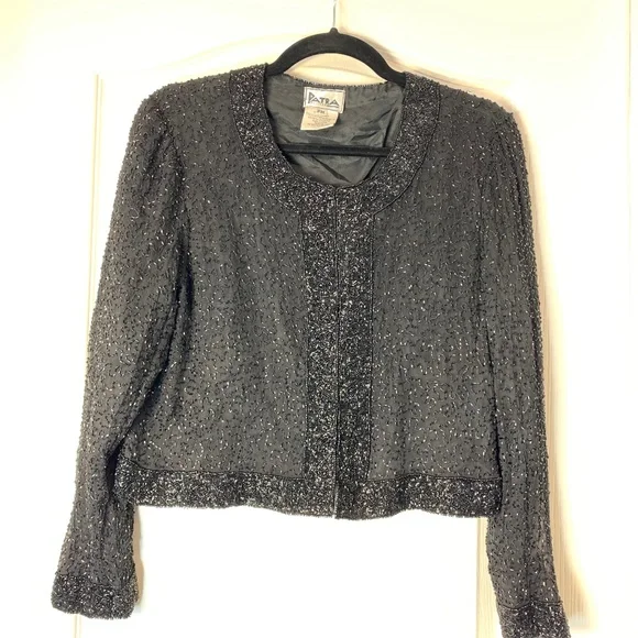 Vintage Patra Petite Black Beaded Silk Evening Jacket Cropped Size PM 80s 90s - Picture 6 of 16